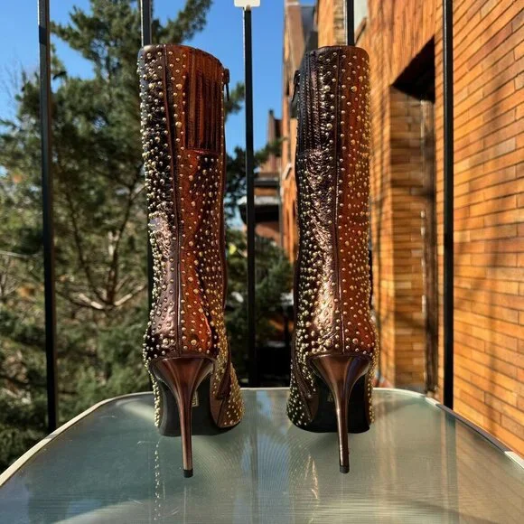 New Jeffrey Campbell Iconic Heeled Studded Boots Shoes Gold Bronze Womens 10